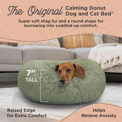 Best Friends by Sheri Original Calming Donut Dog and Cat Bed, Shag Faux Fur, Sage Green, (23in x