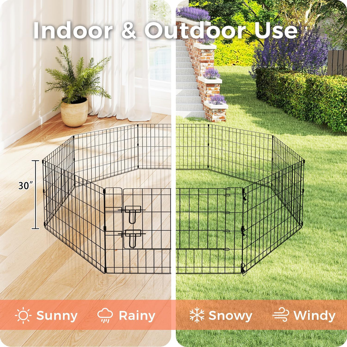 Foldable Dog Playpen 30" Height 8 Panels Metal Exercise Pen with Door - Indoor/Outdoor Puppy
