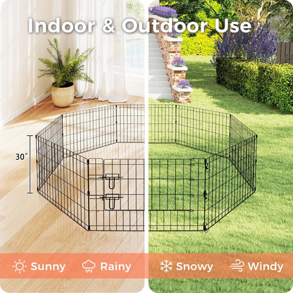 Foldable Dog Playpen 30" Height 8 Panels Metal Exercise Pen with Door - Indoor/Outdoor Puppy