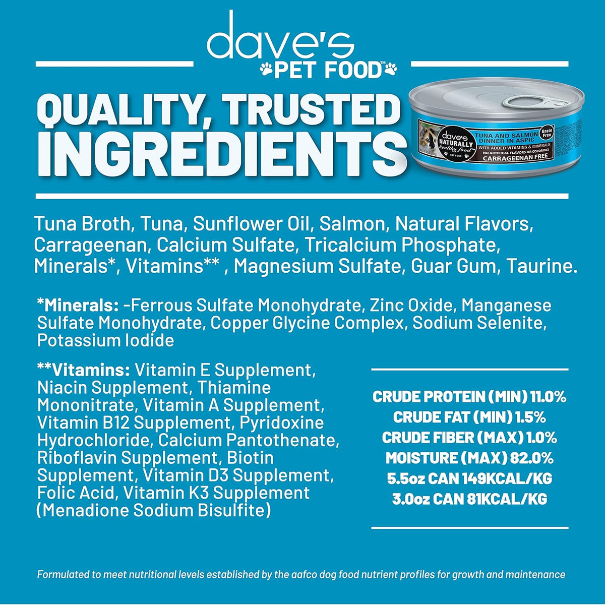 Dave's Pet Food Grain Free Wet Cat Food (Tuna & Salmon Dinner in Aspic), Naturally Healthy Canned