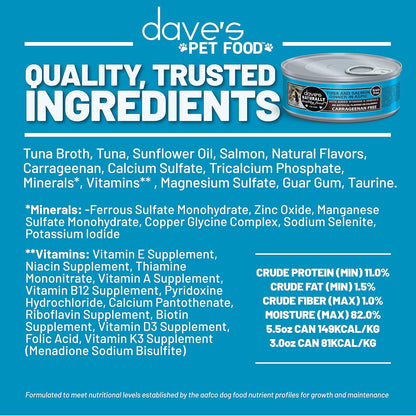 Dave's Pet Food Grain Free Wet Cat Food (Tuna & Salmon Dinner in Aspic), Naturally Healthy Canned