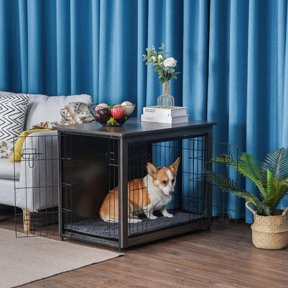 DWANTON Dog Crate Furniture with Cushion, Wooden Kennel Table with Double Doors, Indoor Dog House