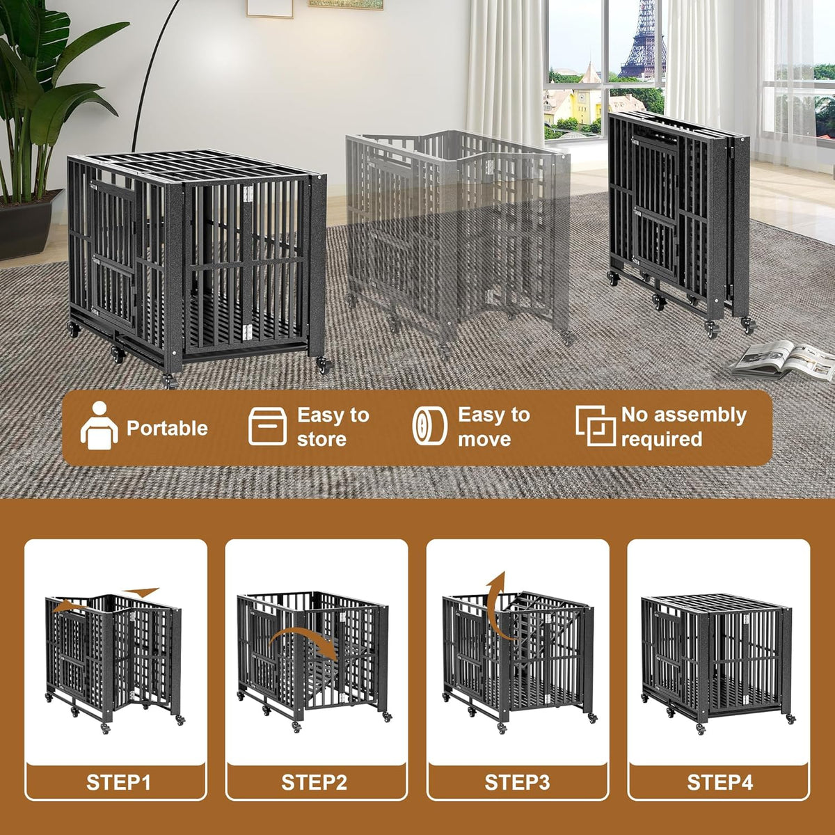 Polar Aurora Heavy Duty Dog Crate, Foldable Indestructible Dog Kennel, Escape Proof Extra Large Dog