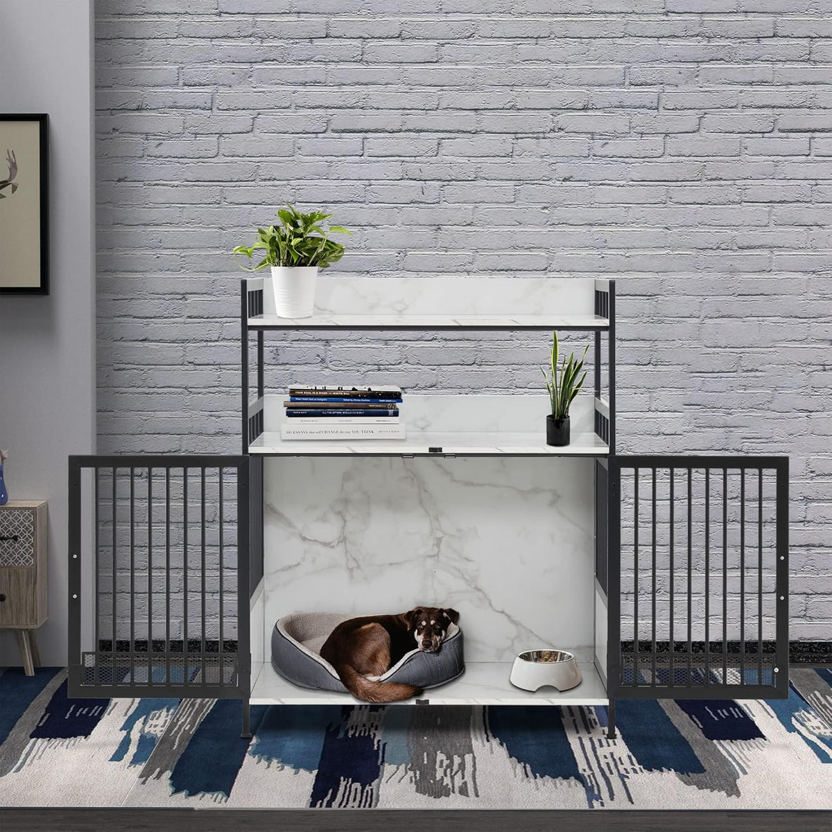 MCombo Furniture Style Dog Crate with Storage Shelves, Heavy Duty Wooden Dog Cage End Table, Triple