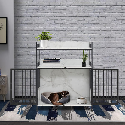 MCombo Furniture Style Dog Crate with Storage Shelves, Heavy Duty Wooden Dog Cage End Table, Triple