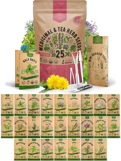 Organo Republic 25 Medicinal & Tea Herb Seeds Variety Pack for Indoor & Outdoors. 10900+ Non-GMO