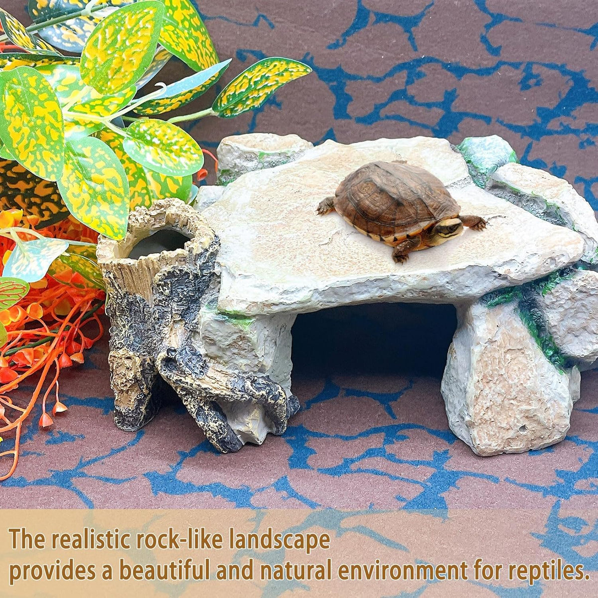 BNOSDM Reptile Hide Cave, Turtle Basking Platform, Terrarium Resin Rock Decor, Lizard Hideout Rocks