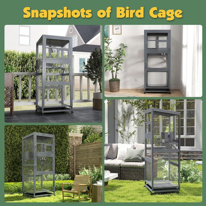 Coziwow 68" H Large Wood Bird Cage on Wheels, Outdoor Bird Aviary Indoor Wooden Large Bird Cage