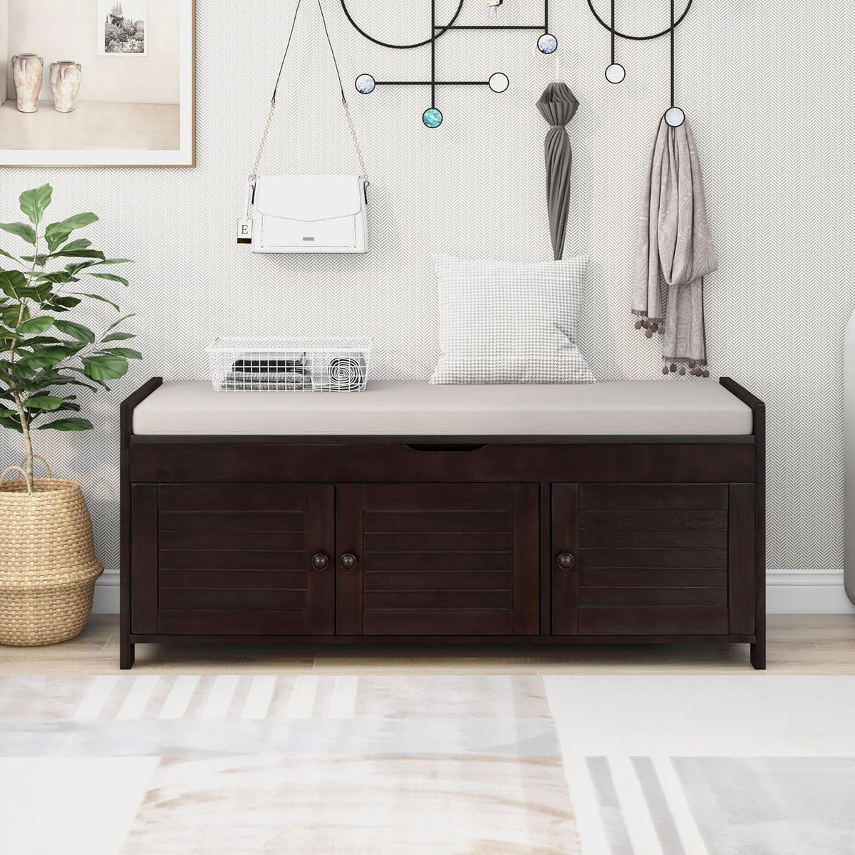 Shoe Storage Bench with 3 Shutter-Shaped Doors, Pine Wood Shoe Bench with Removable Cushion and