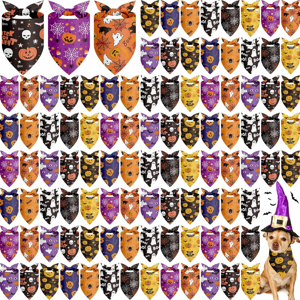 100 Pieces Halloween Dog Bandanas Bulk Pumpkin Ghost Bandanas for Dogs Soft Triangle Bibs
