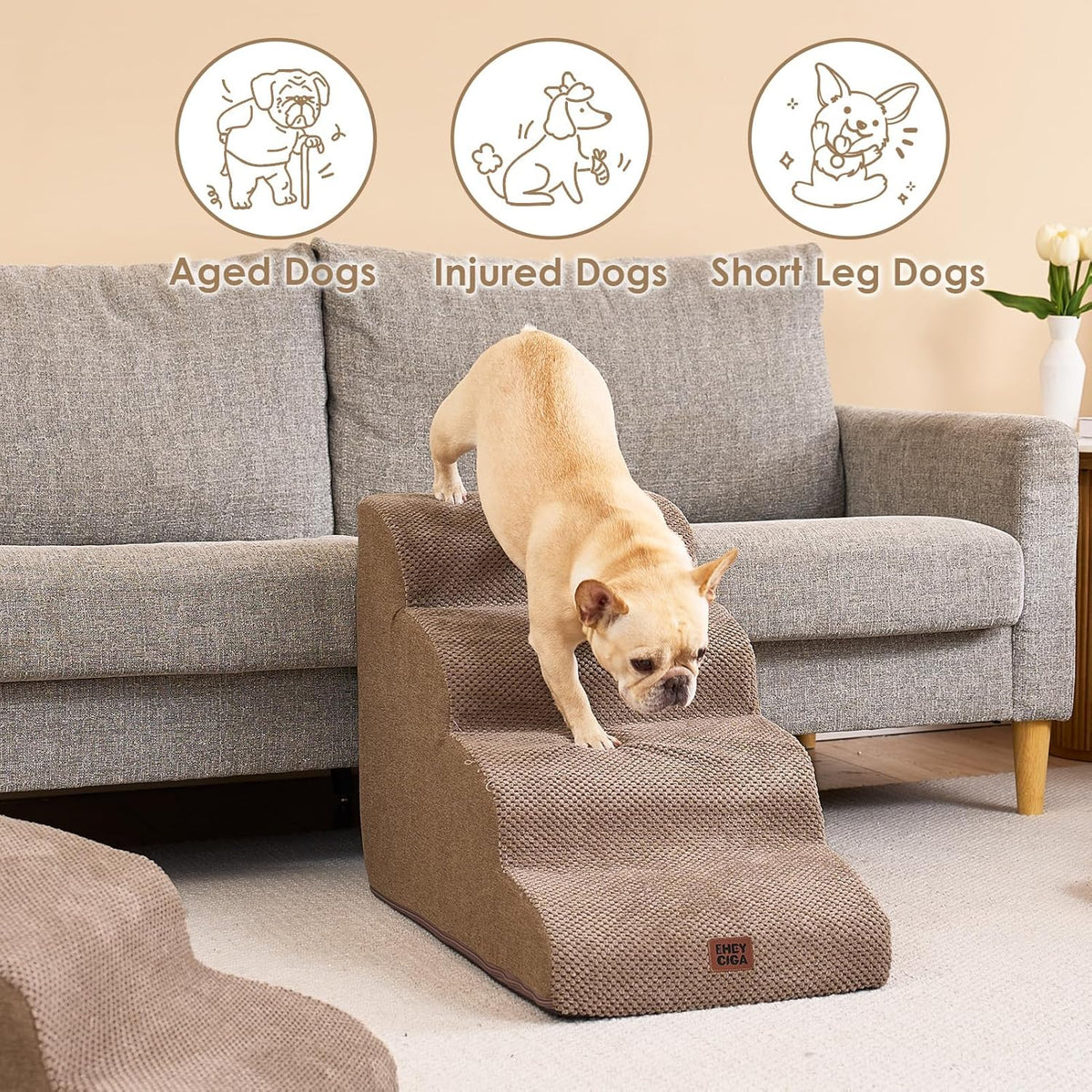 EHEYCIGA Curved Dog Stairs Ramp for High Beds 19.7" H, 4-Step Dog Steps for Small Dogs and Cats
