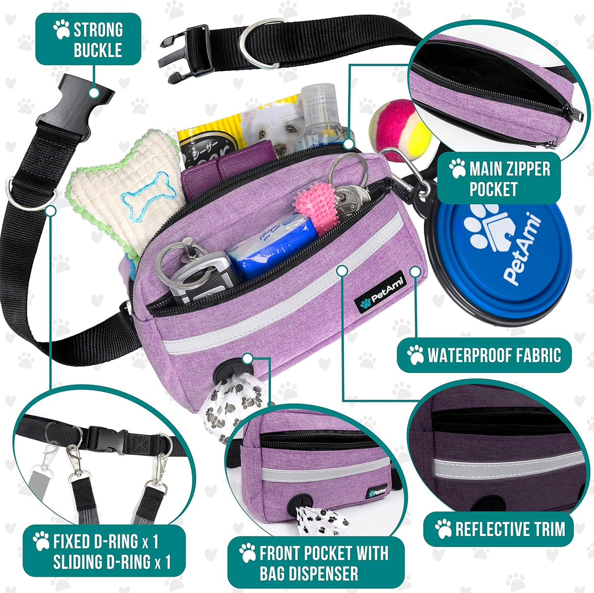 PetAmi Hands Free Dog Leash, Dog Running Leash Belt for Walking Jogging, Dog Waist Zipper Pouch