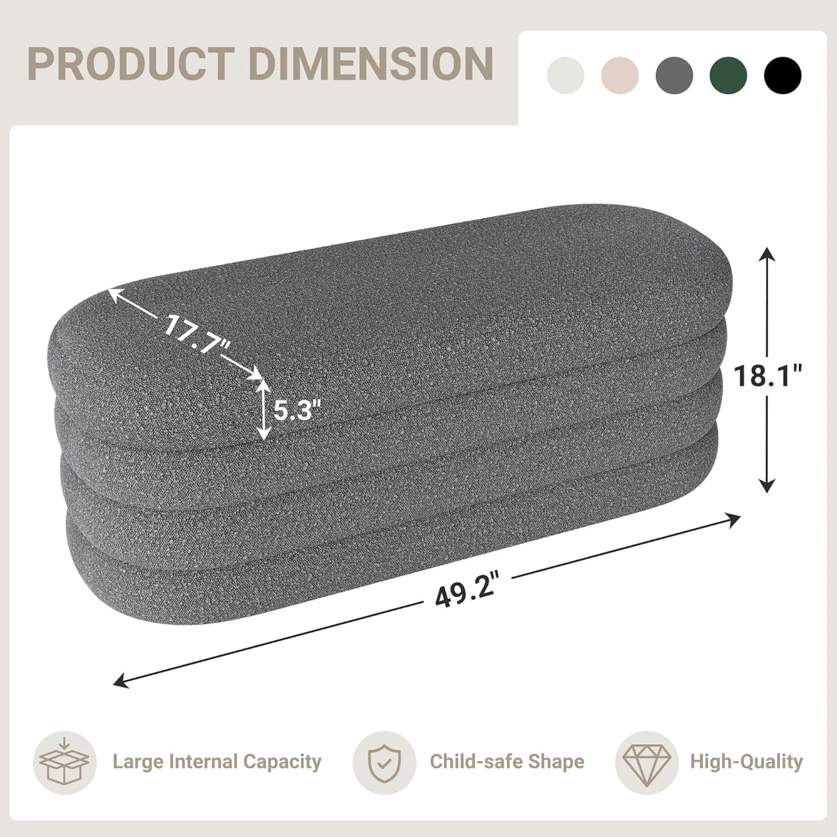 Storage Ottoman Bench 49.2 Inch Upholstered Fabric Storage Bench for Bedroom End of Bed Aesthetic