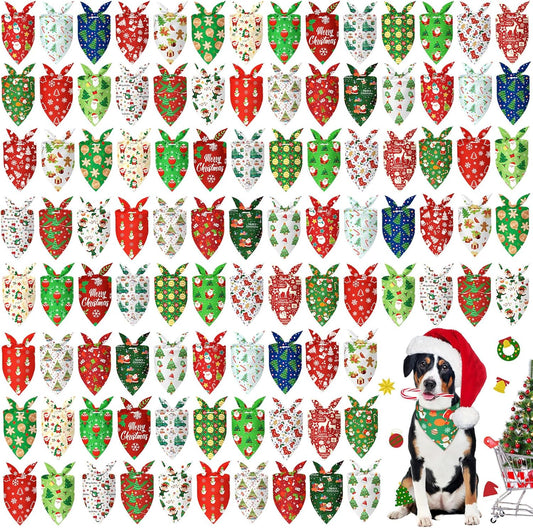Abbylike 100 Pcs Christmas Dog Bandanas Bulk Xmas Bandanas for Dogs Triangle Kerchief Bibs Scarf