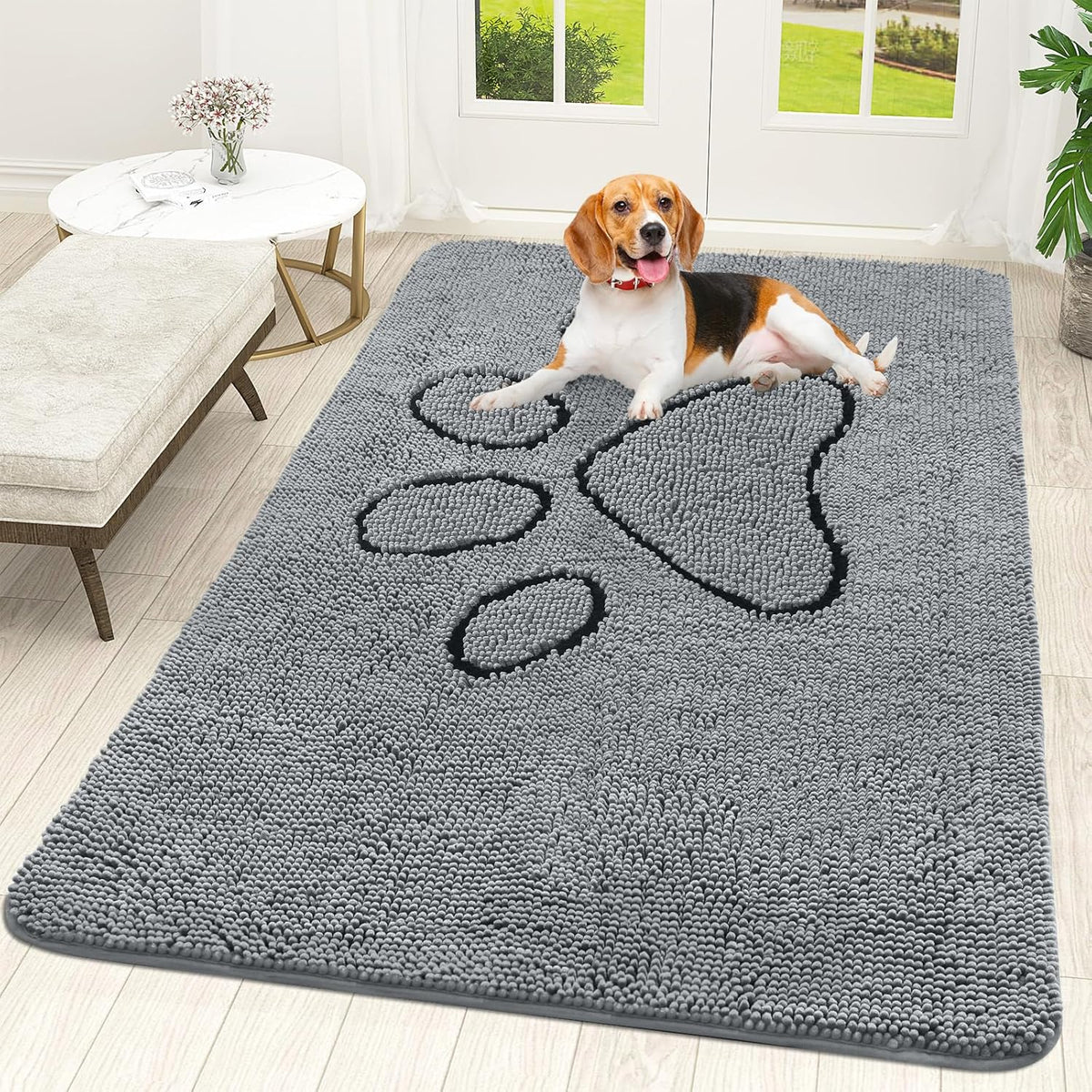 OLANLY Door Mat for Muddy Dog Paws 59x35, Ultra Absorbent Chenille Mud Doormat with Paw Print