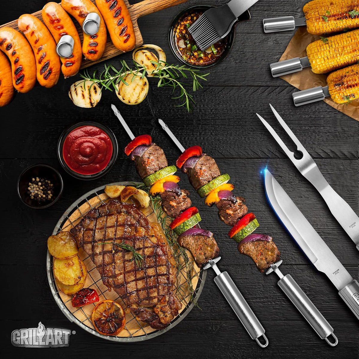 GRILLART BBQ Grill Utensil Tools Set Reinforced BBQ Tongs 19-Piece Stainless-Steel Barbecue