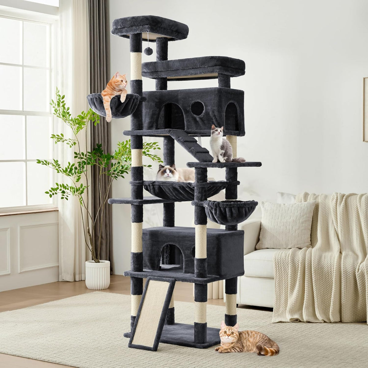 Cat Tree, 80-Inch Large Cat Tower with 9 Scratching Posts, 2 Perches, 2 Caves, 2 Basket, 2 Stairs