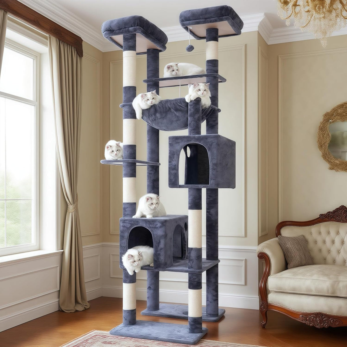 Hey-brother Tall Cat Tree Tower, Heavy Duty Scratching Posts with Large Platforms, Cozy Condos, Big