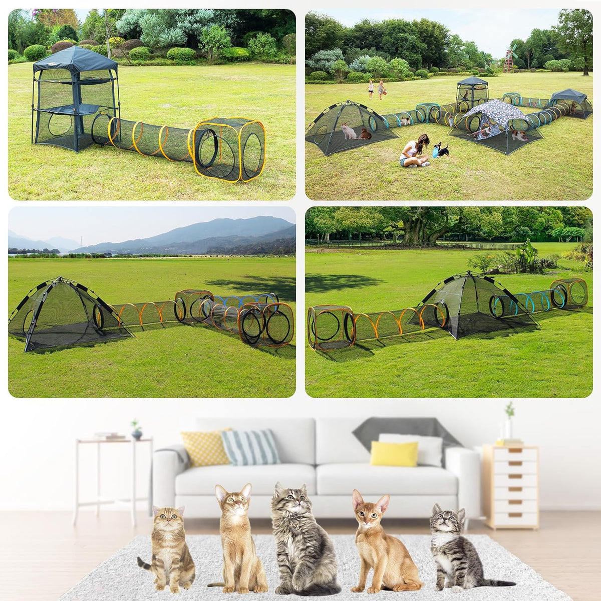Cat Play Tunnel + Cube(with Three Ways) for Indoor and Outdoor, Kitty Play House, Cat Enclosures