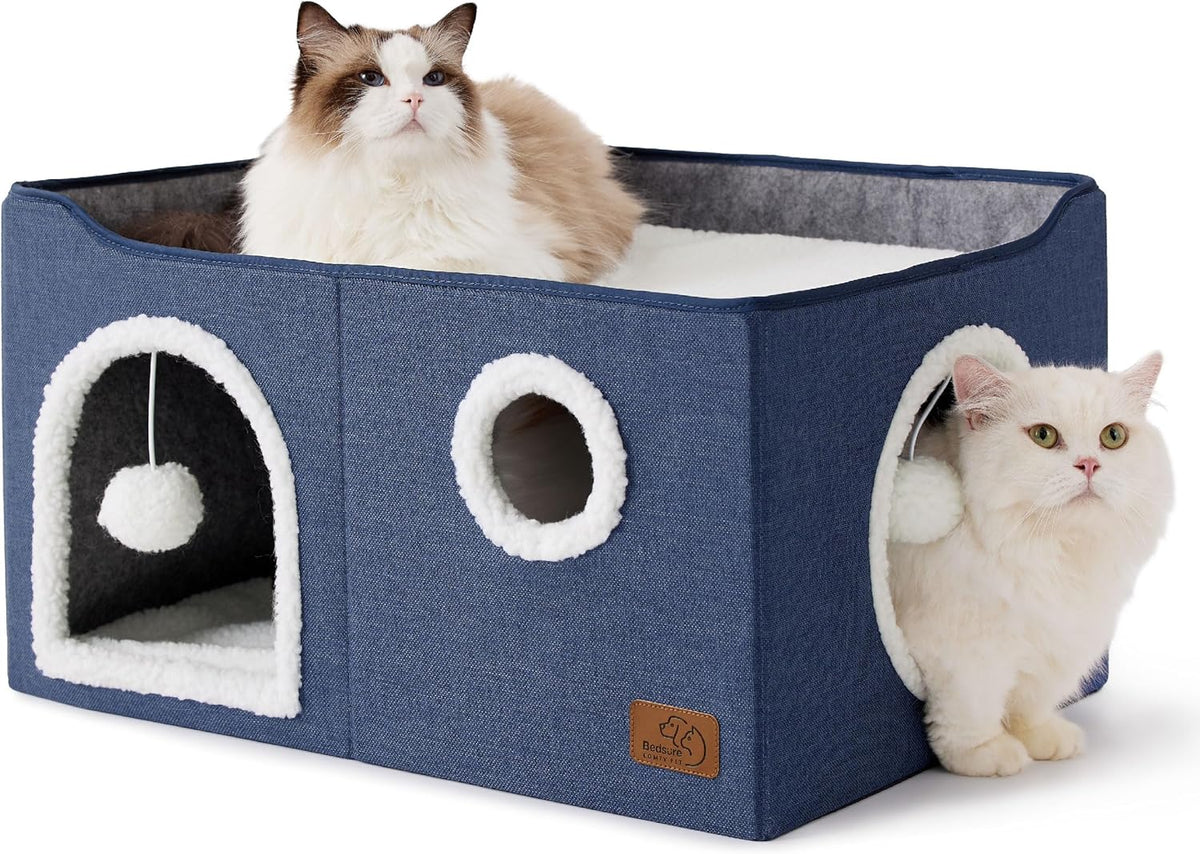 Bedsure Large Cat Beds for Indoor Cats - Extra Wide Cat Cube House for Small Pet with Fluffy Ball