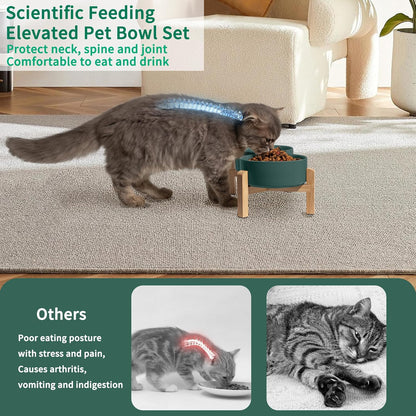 Elevated Ceramic Dog Bowl Set - Raised Feeding Bowls with Non-Slip Bamboo Stand - Small Pet Dishes