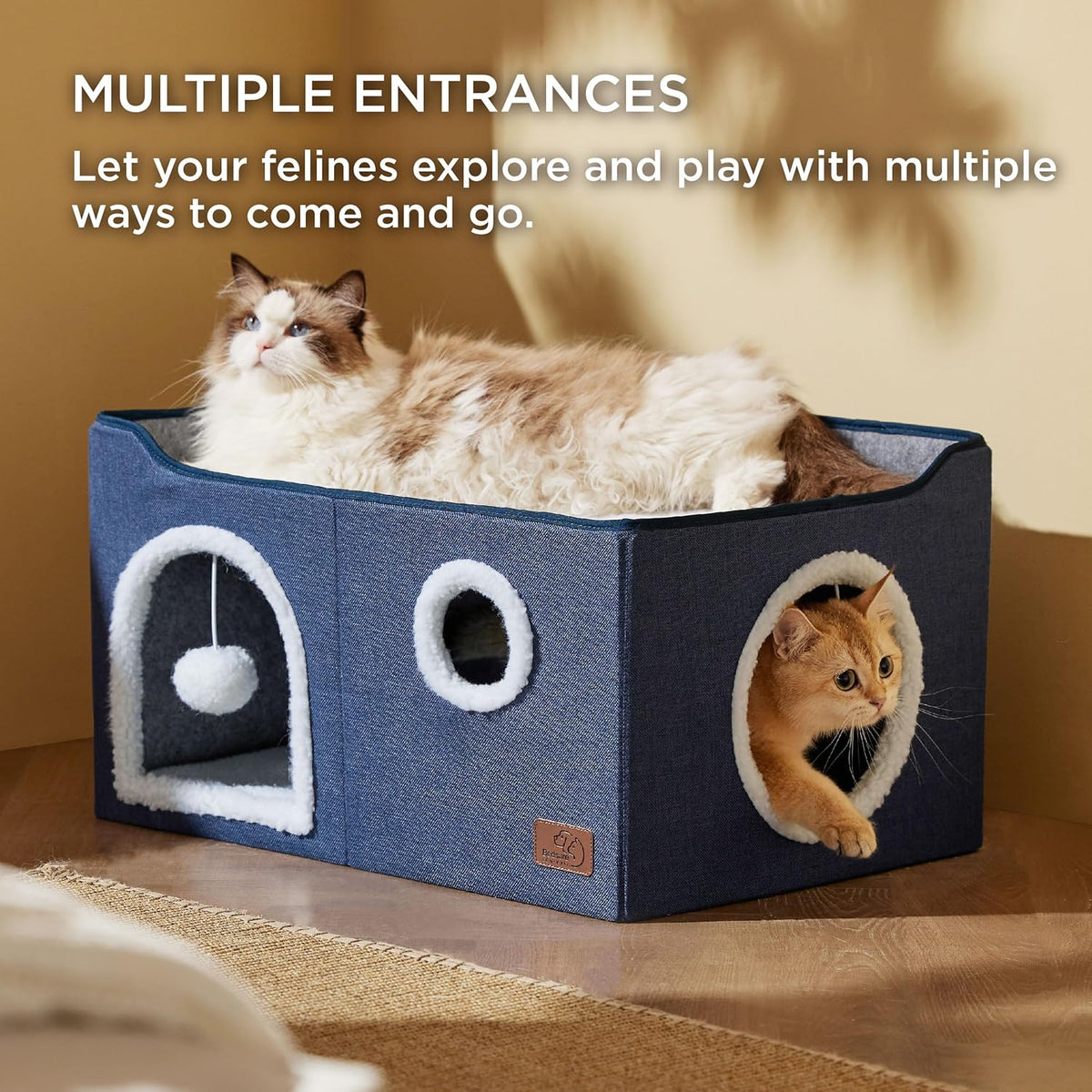Bedsure Large Cat Beds for Indoor Cats - Extra Wide Cat Cube House for Small Pet with Fluffy Ball