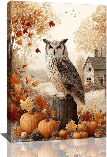 Fall Owl Wall Art Autumn Pumpkin Leaves Wall Decor Rustic Canvas Print Farmhouse Pictures Painting