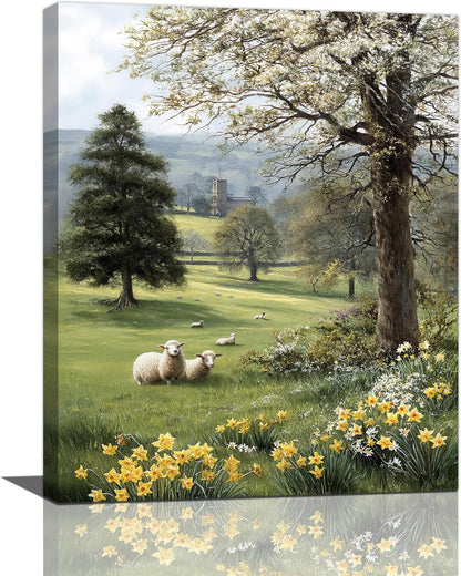 Country Sheep Canvas Wall Decor Farmhouse Rustic Lamb Wildflower Wall Art Nature Countryside