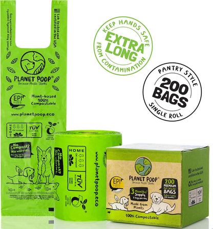 PLANET POOP Home Compostable Dog Poop Bags Extra Long with Handles | Large Single Roll 200 Grab &