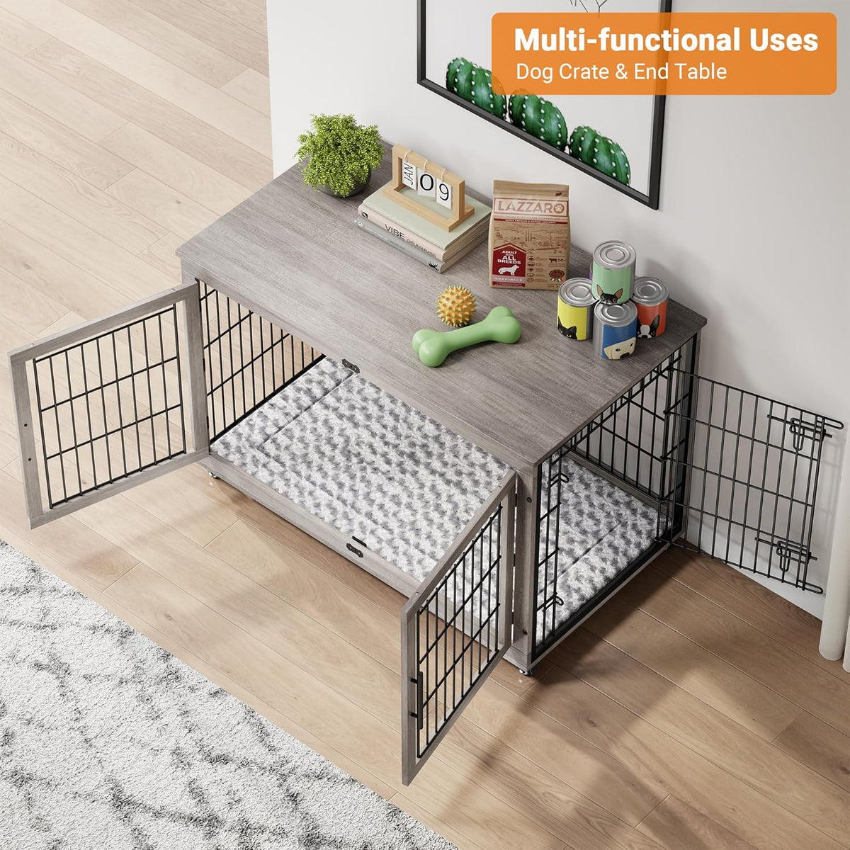 Lulive Dog Crate Furniture, XL Wooden Dog Kennel Indoor Double Doors Dog Cage, 44'' Heavy Duty Dog