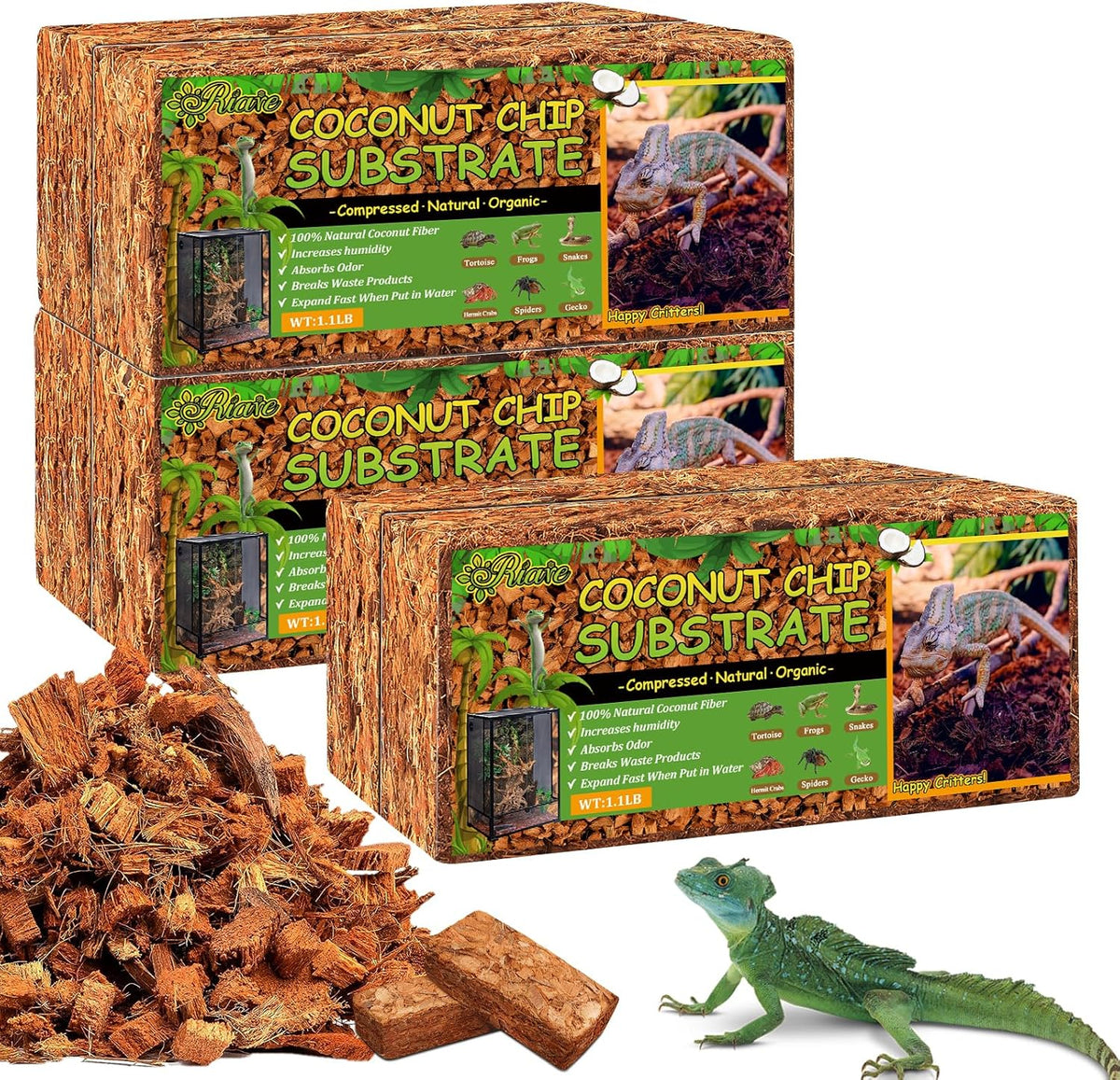 Riare 6 Pack Natural Coconut Chip Substrate for Reptiles- Compressed Coconut Husk Reptiles Bedding