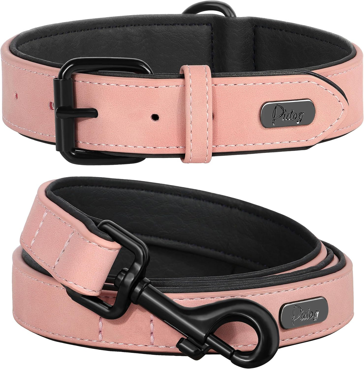 Didog Soft Padded Leather Dog Collar and Leash Set, Pink Breathable Pet Collars with 4FT PU Leather