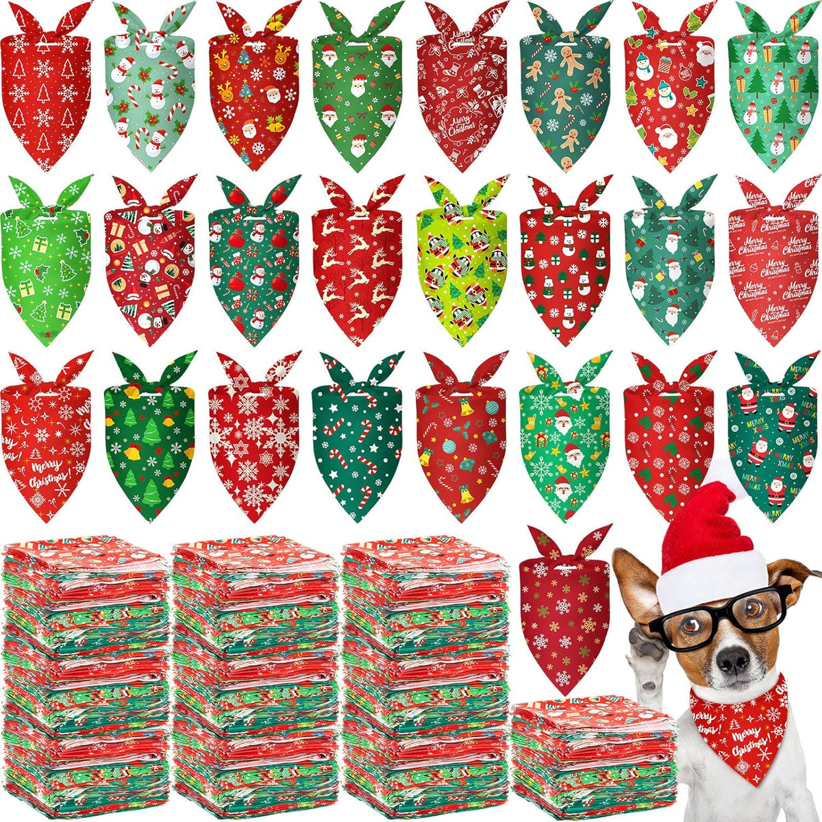 500 Pcs Christmas Bandanas for Dogs Xmas Bandanas Bulk with Santa Snowflake Candy Cane Patterns