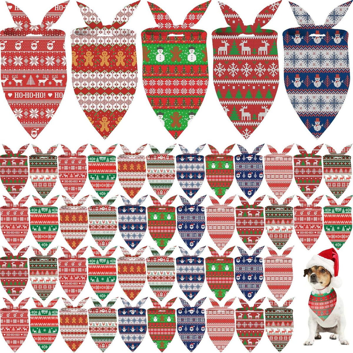 Weewooday 50 Pcs Christmas Bandanas for Dogs Xmas Bandanas Bulk with Ugly Sweater Patterns Soft