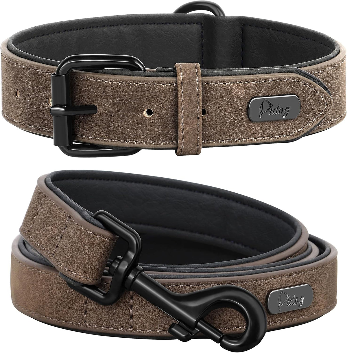 Didog Soft Padded Leather Dog Collar and Leash Set, Adjustable Dog Leash and Collar Set with Metal
