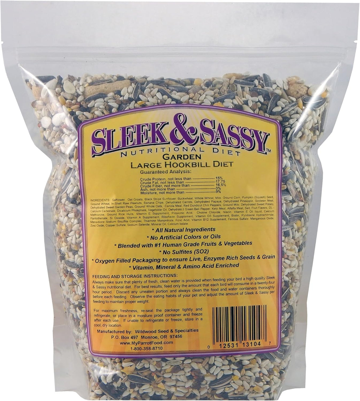 SLEEK & SASSY Garden Large Hookbill Parrot Food for Large Conures, Amazons, African Greys