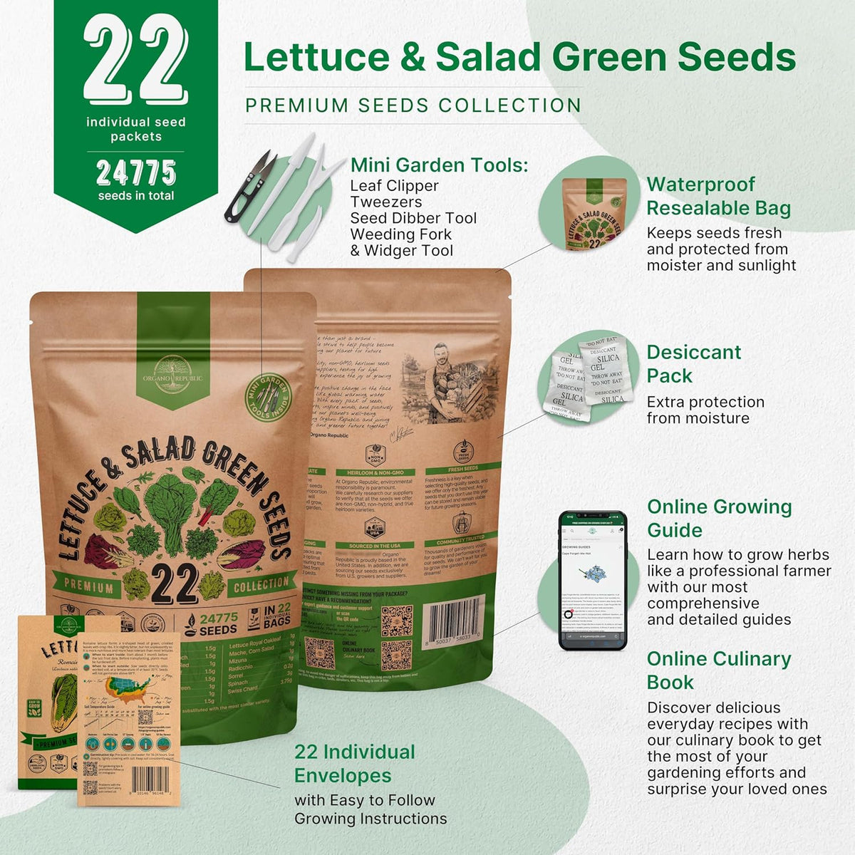 Organo Republic 22 Lettuce & Salad Greens Seeds Variety Pack 24,700+ Non-GMO Heirloom Lettuce Seeds