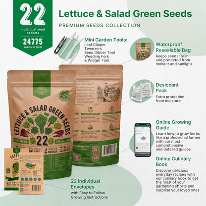 Organo Republic 22 Lettuce & Salad Greens Seeds Variety Pack 24,700+ Non-GMO Heirloom Lettuce Seeds