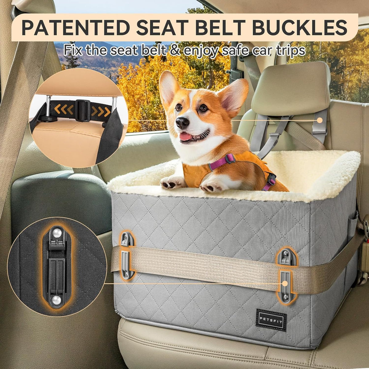 PETSFIT Small Dog Car Seat, Soft Foam Dog Booster Car Seat with Patented Safety Buckles, Storage