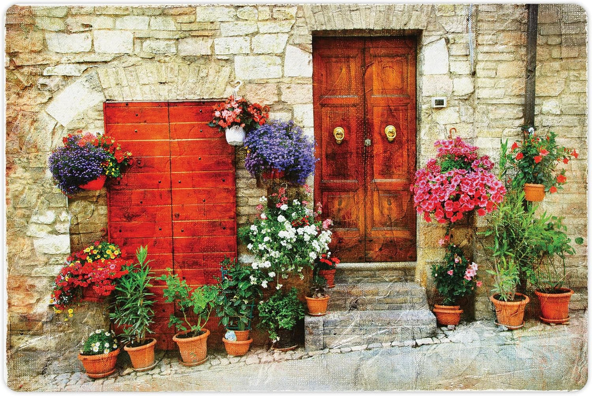 Lunarable Tuscan Pet Mat for Food and Water, Colorful Flowers Outside Home in Italian Hilltown