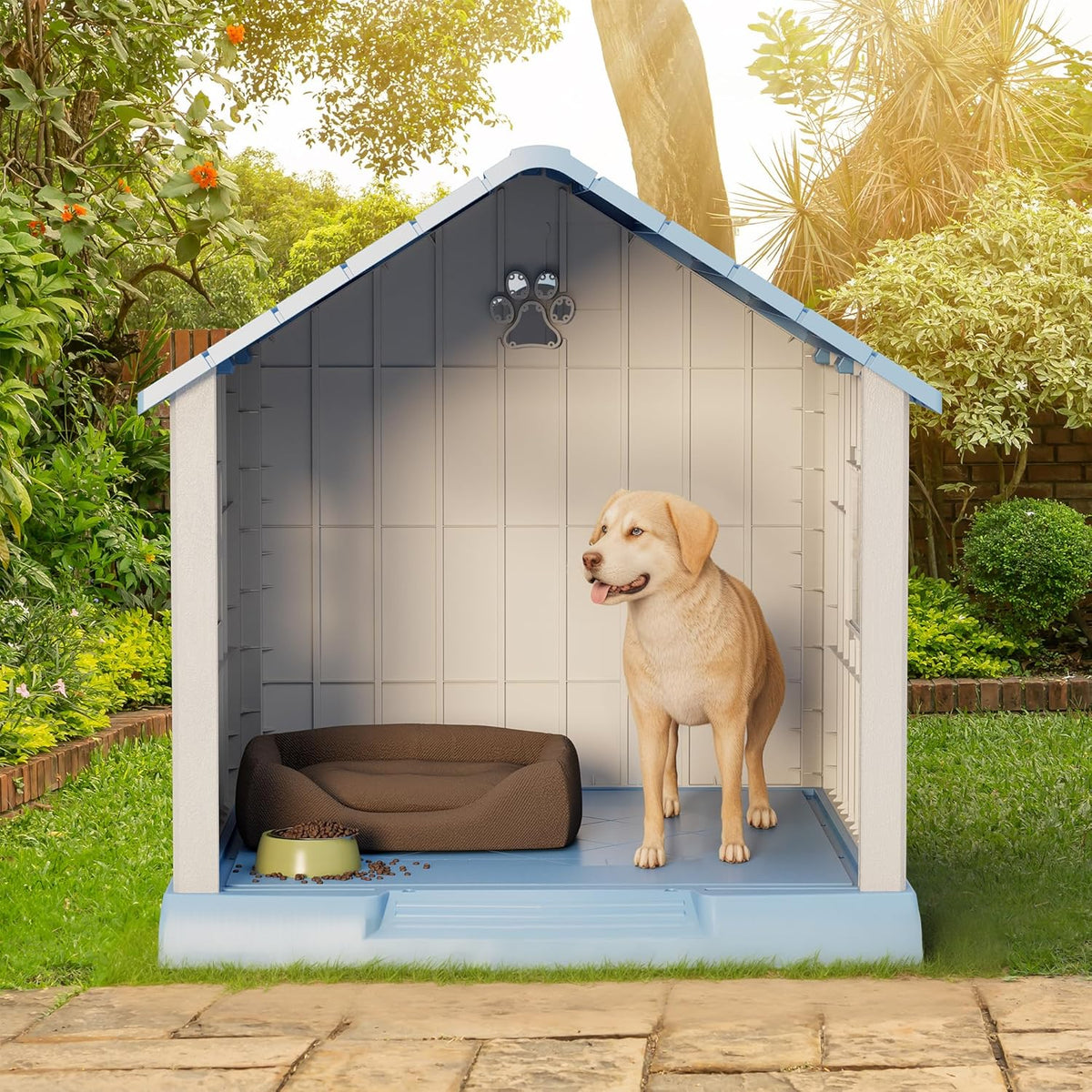 Large Dog House Outdoor Indoor for Medium Large Dogs, Durable Plastic Waterproof Doghouse with Air