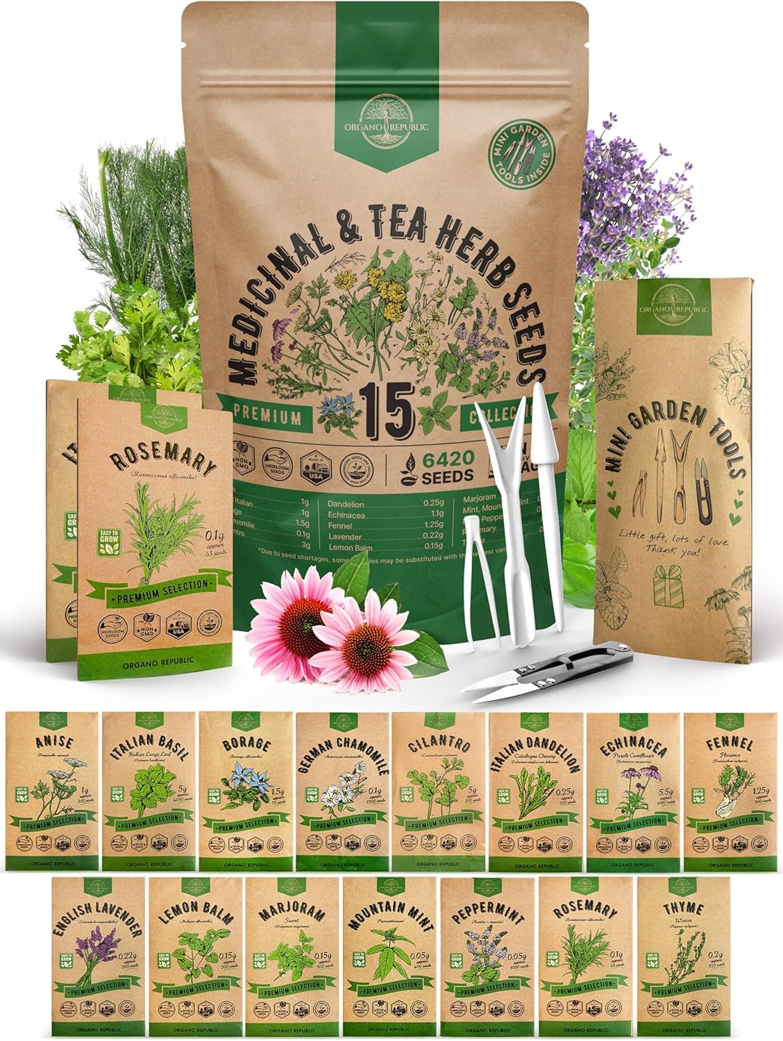 Organo Republic 15 Medicinal & Tea Herb Seeds Variety Pack 6,420+ Non-GMO Heirloom Garden Seeds for