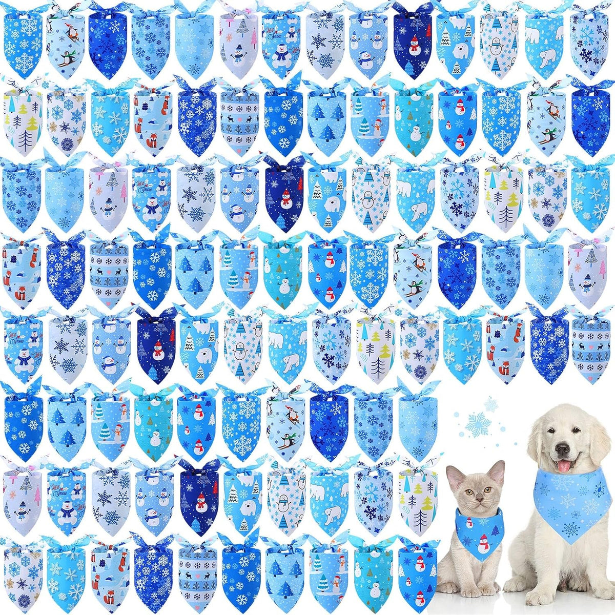 Abbylike 100 Pieces Winter Dog Bandanas Bulk Blue Snowflake Dog Bandanas for Pets Triangle Kerchief
