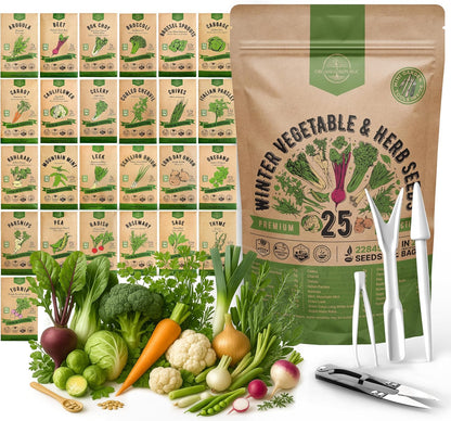 Organo Republic 25 Winter Vegetable & Herb Garden Seeds Variety Pack for Outdoors & Indoor Home