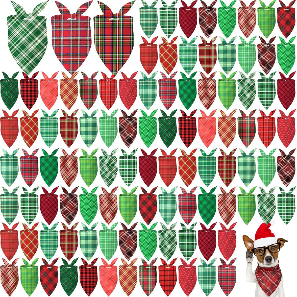 Abbylike 100 Pcs Christmas Dog Bandanas Bulk Red and Green Buffalo Plaid Xmas Bandanas for Dogs