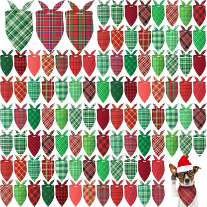Abbylike 100 Pcs Christmas Dog Bandanas Bulk Red and Green Buffalo Plaid Xmas Bandanas for Dogs