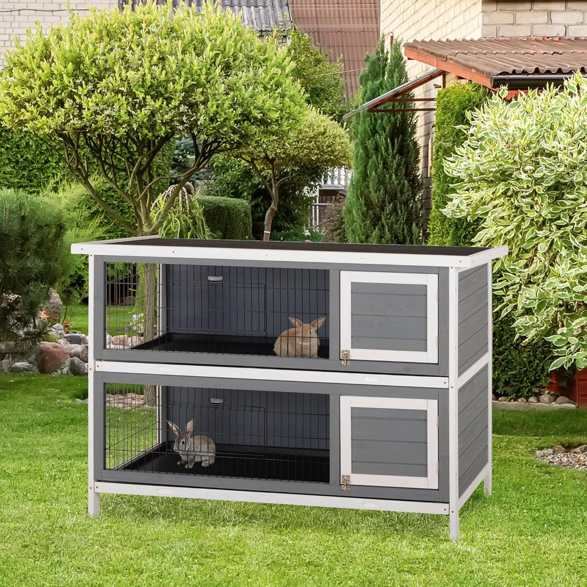 PawHut 54" 2-Story Large Rabbit Hutch Bunny Cage Wooden Pet House Small Animal Habitat with