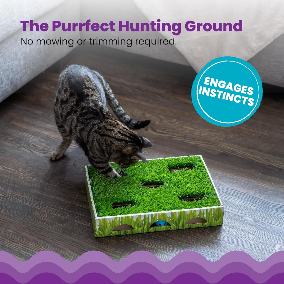 Catstages Grass Patch Hunting Box Interactive Bat & Swat Game for Indoor Cats, 3 Jingle Balls