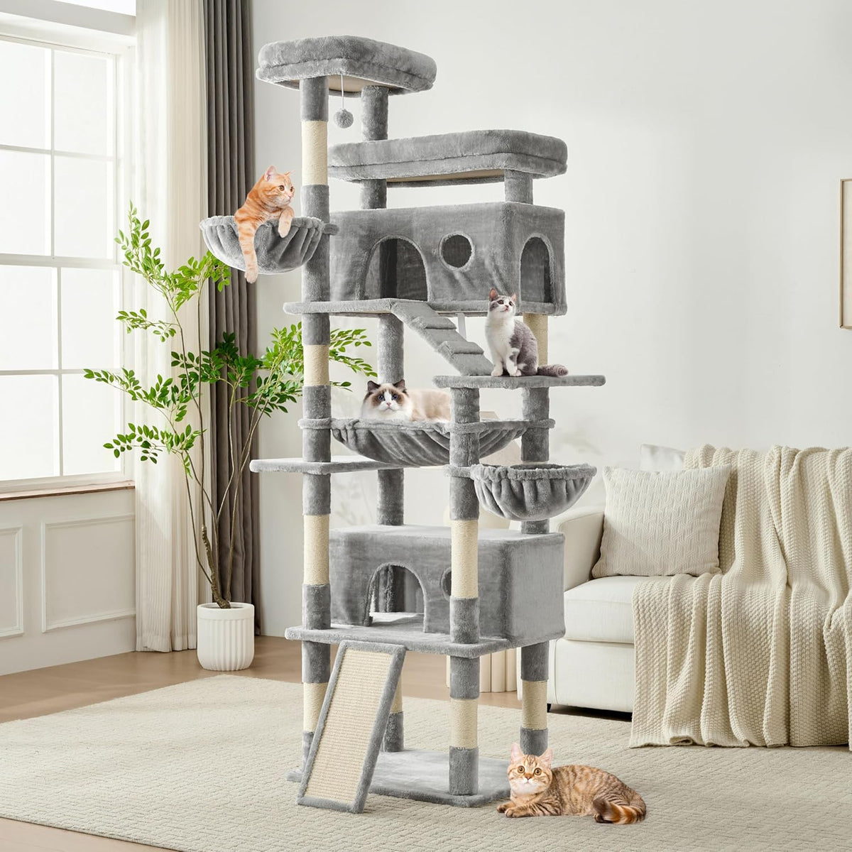 Cat Tree, 80-Inch Large Cat Tower with 9 Scratching Posts, 2 Perches, 2 Caves, 2 Basket, 2 Stairs