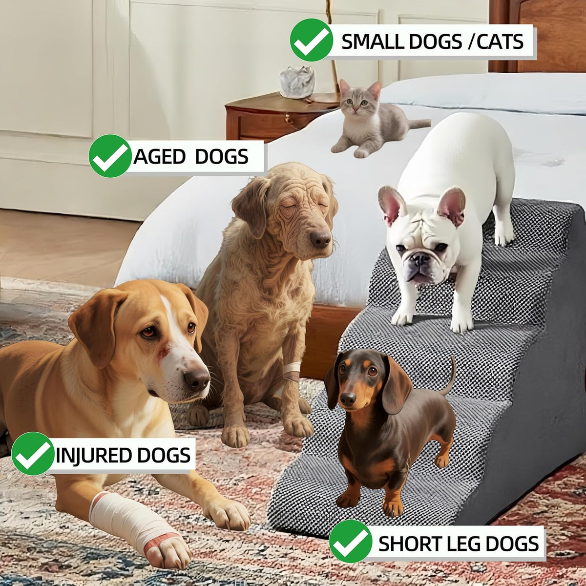 5 Step Pet Stairs Ramp for High Beds Sofas 5-30 Inch with Sturdy Non Slip Waterproof Pads, Machine